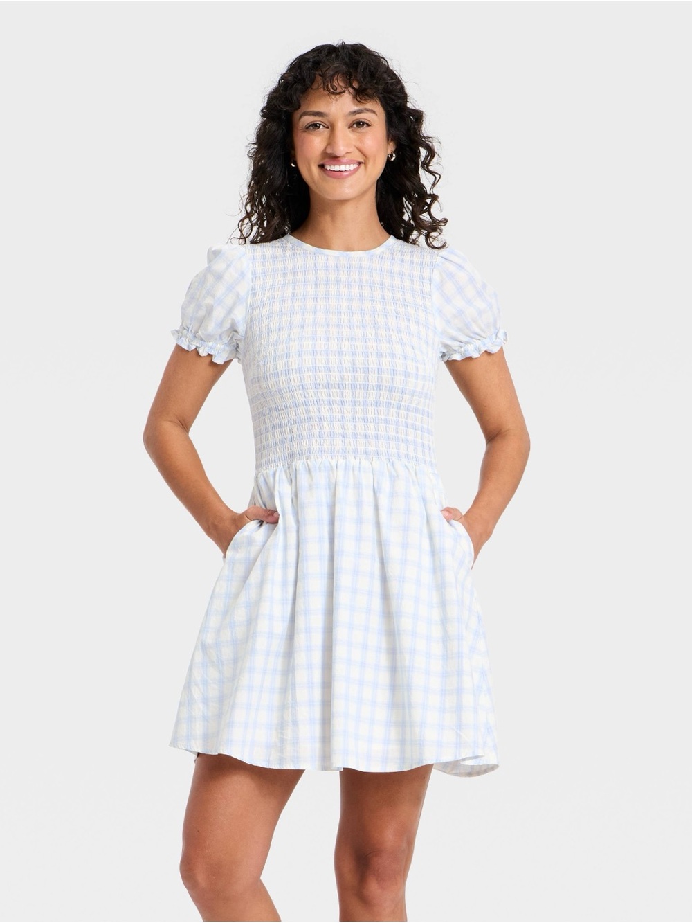 Women's Puff Short Sleeve Smocked Mini Sundress - Universal Thread Blue Plaid